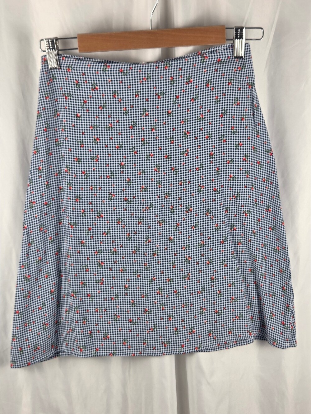 Brandy Melville Blue Gingham Mini Skirt With Red Floral Print Size S